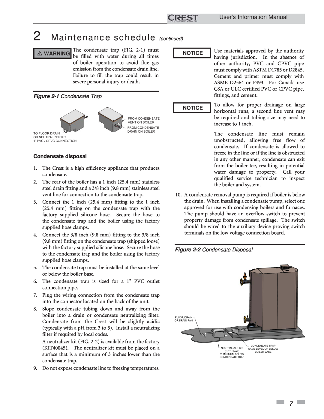 Lochinvar 1.5 manual Maintenance schedule continued, User’s Information Manual, 1 Condensate Trap, Condensate disposal 