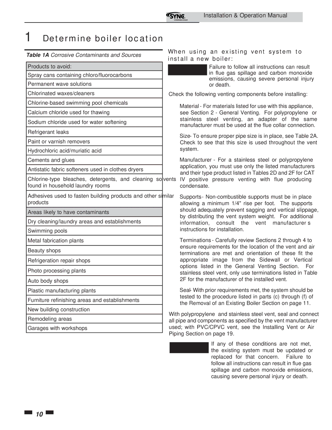 Lochinvar 5 operation manual When using an existing vent system to install a new boiler, Products to avoid 