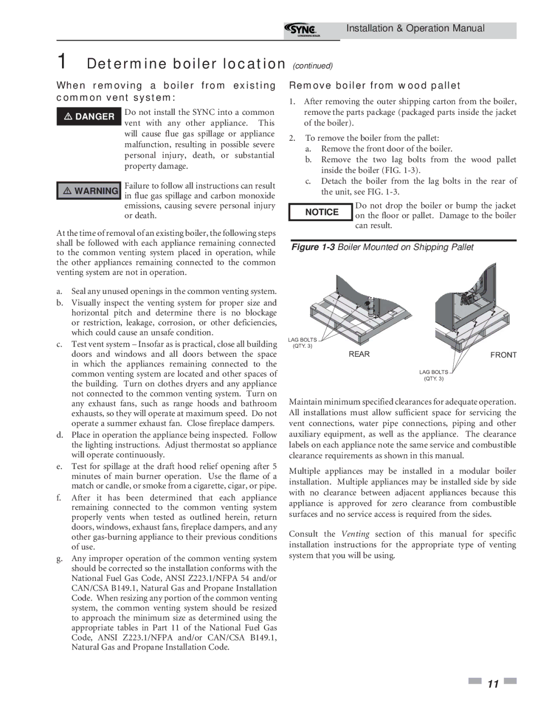 Lochinvar 5 operation manual When removing a boiler from existing common vent system, Remove boiler from wood pallet 