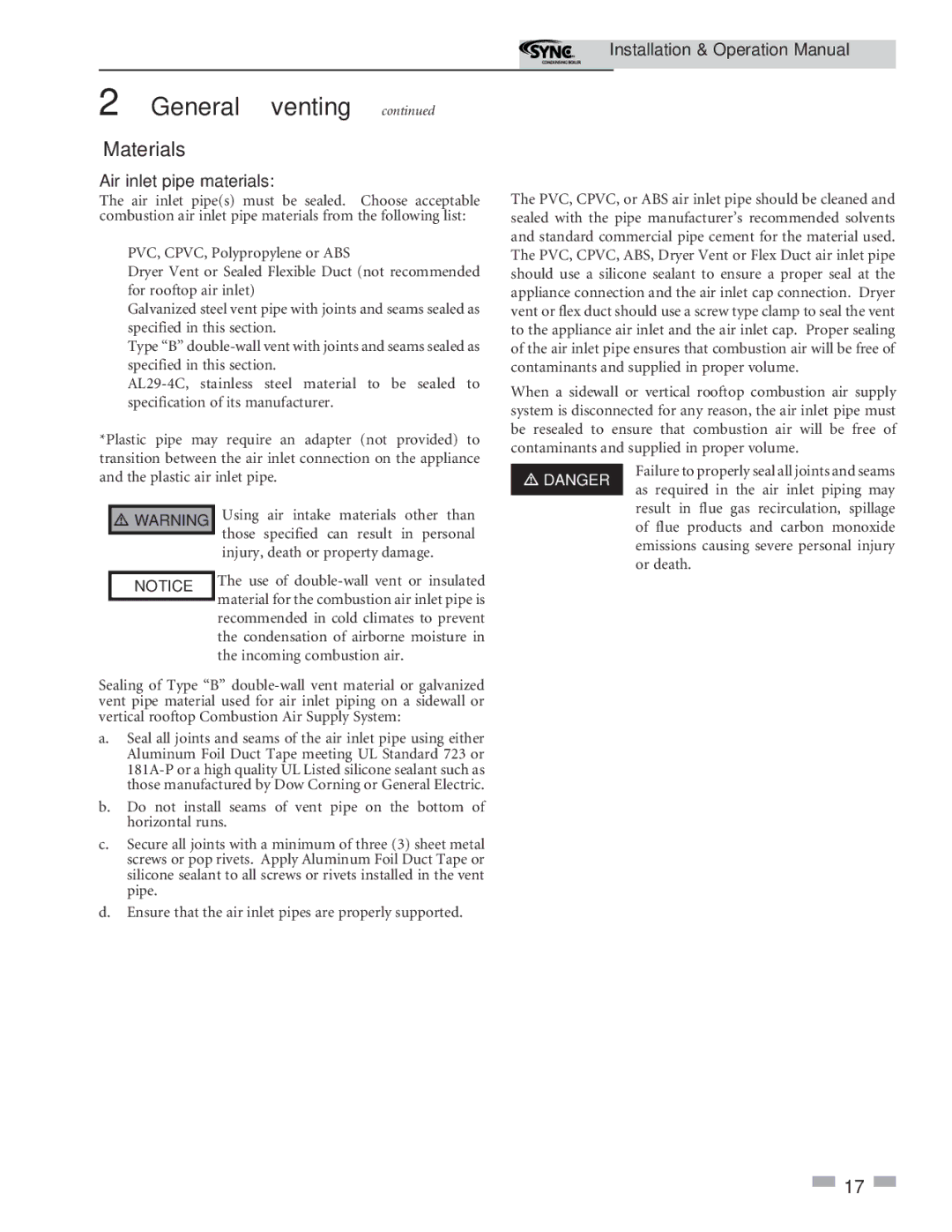 Lochinvar 5 operation manual Materials, Air inlet pipe materials 