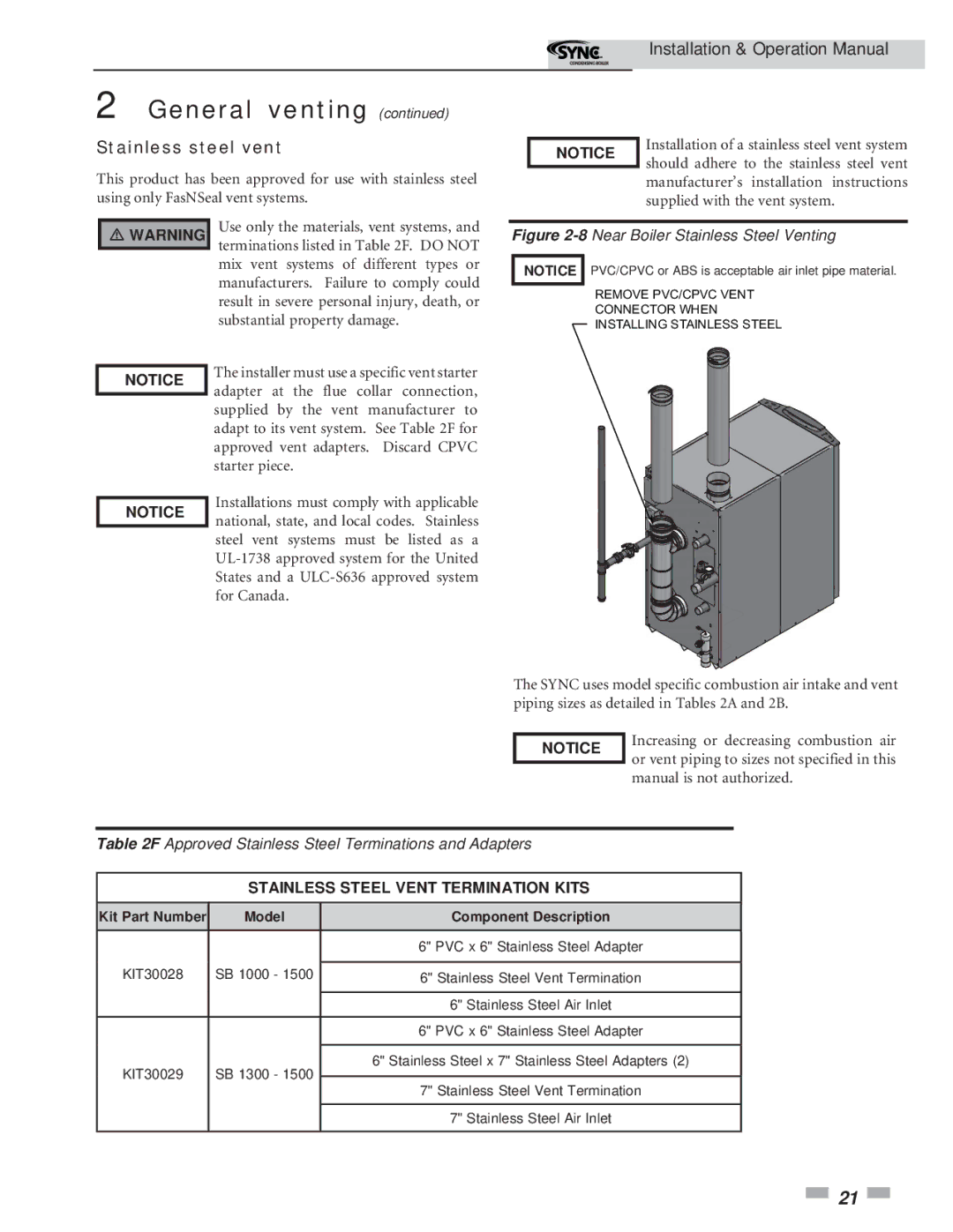 Lochinvar 5 operation manual Stainless steel vent, Supplied with the vent system 