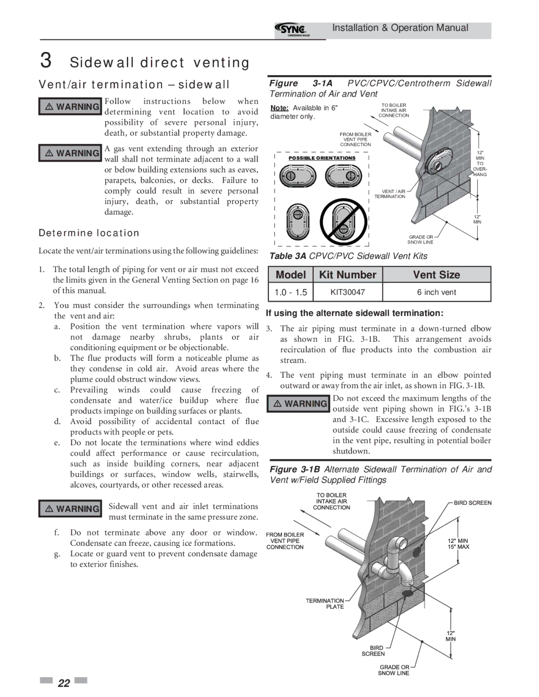 Lochinvar 5 operation manual Sidewall direct venting, Vent/air termination sidewall, Determine location 