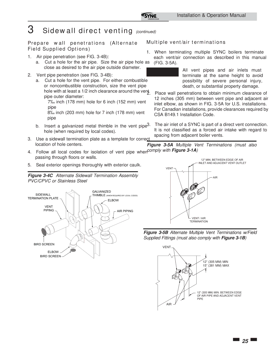 Lochinvar 5 operation manual Prepare wall penetrations Alternate Field Supplied Options, Multiple vent/air terminations 