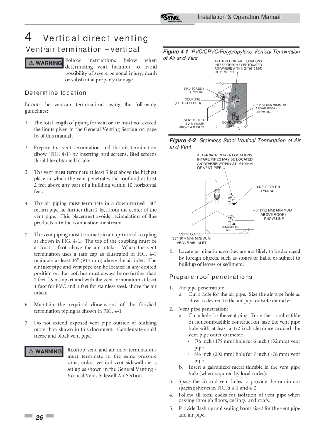 Lochinvar 5 operation manual Vertical direct venting, Vent/air termination vertical, Prepare roof penetrations 