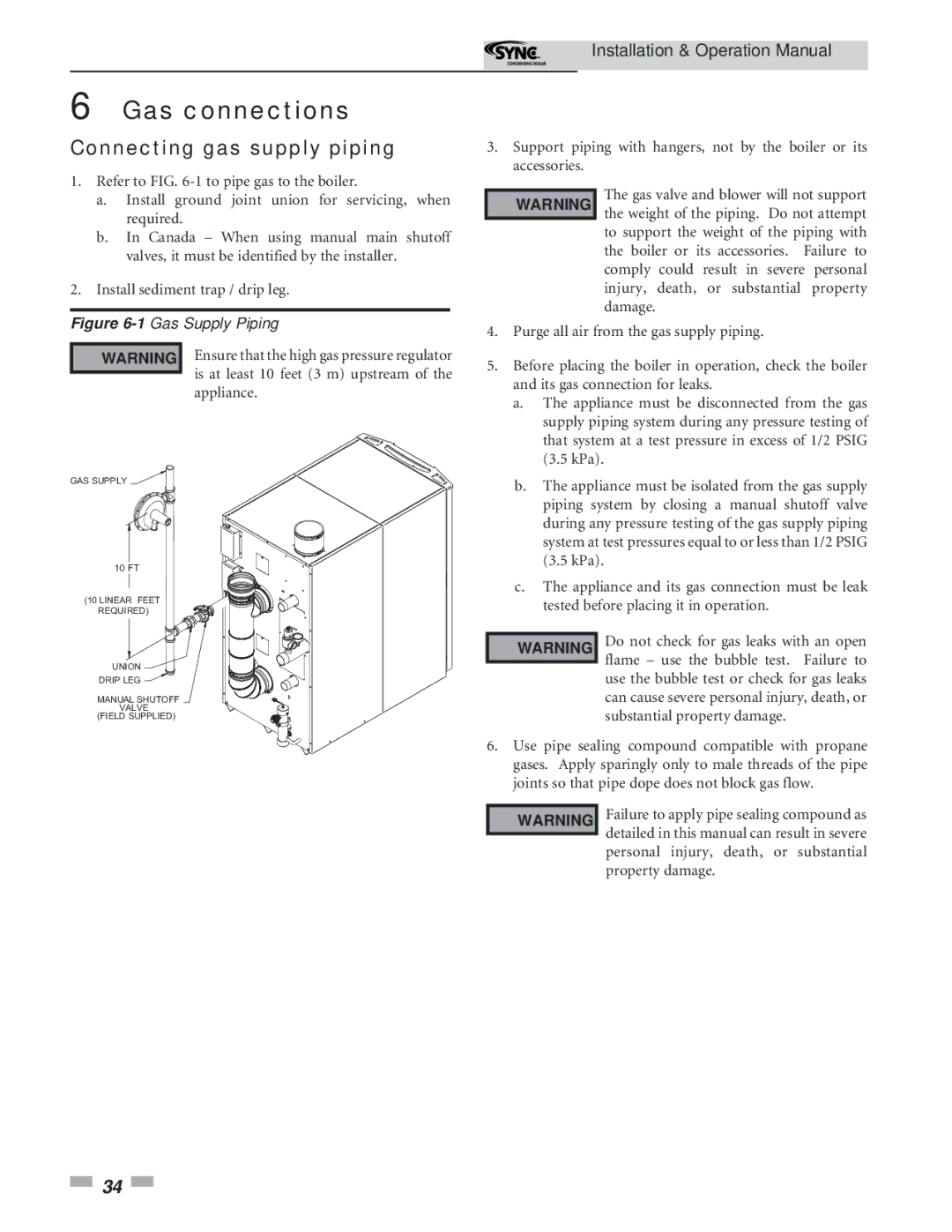 Lochinvar 5 operation manual Gas connections, Connecting gas supply piping 