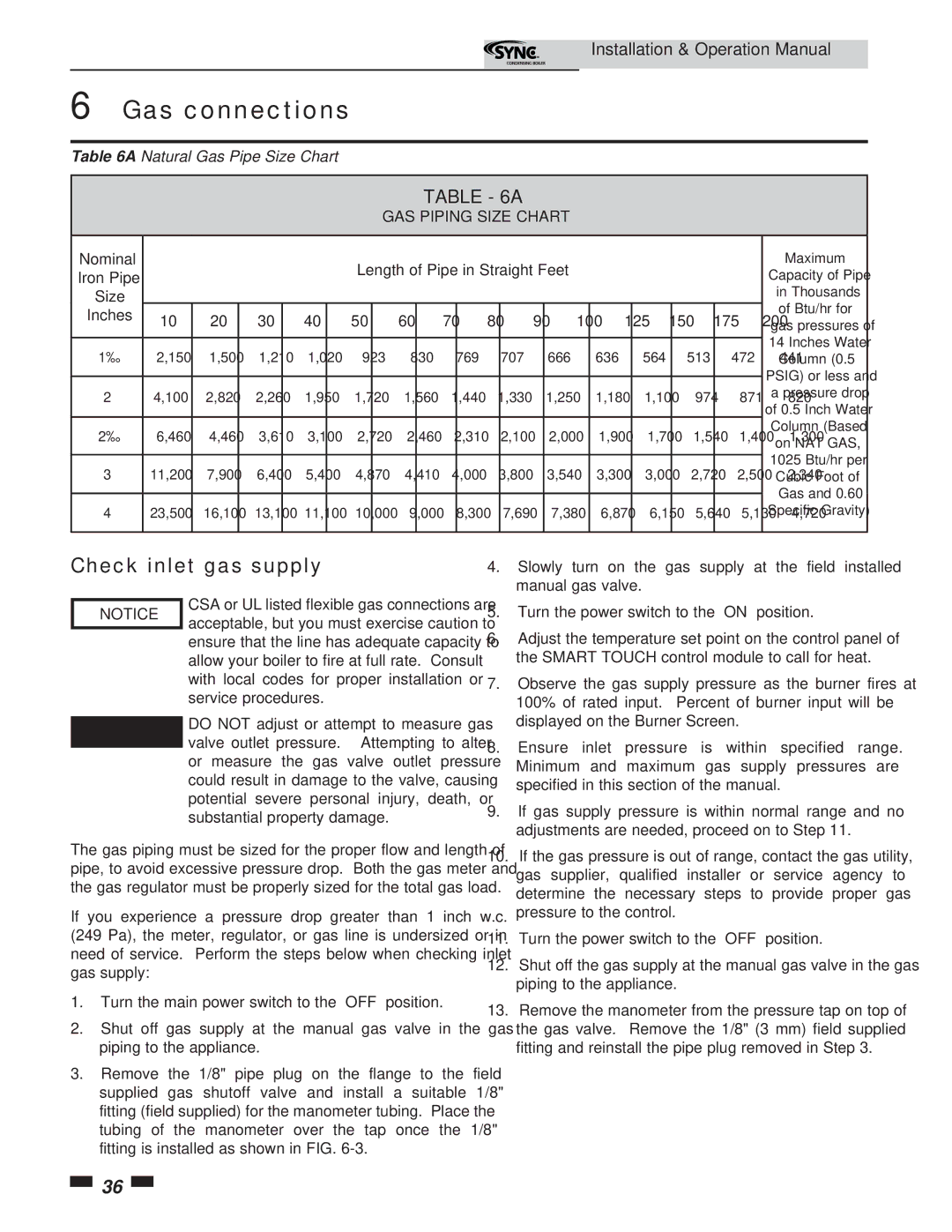 Lochinvar 5 operation manual Check inlet gas supply, GAS Piping Size Chart 