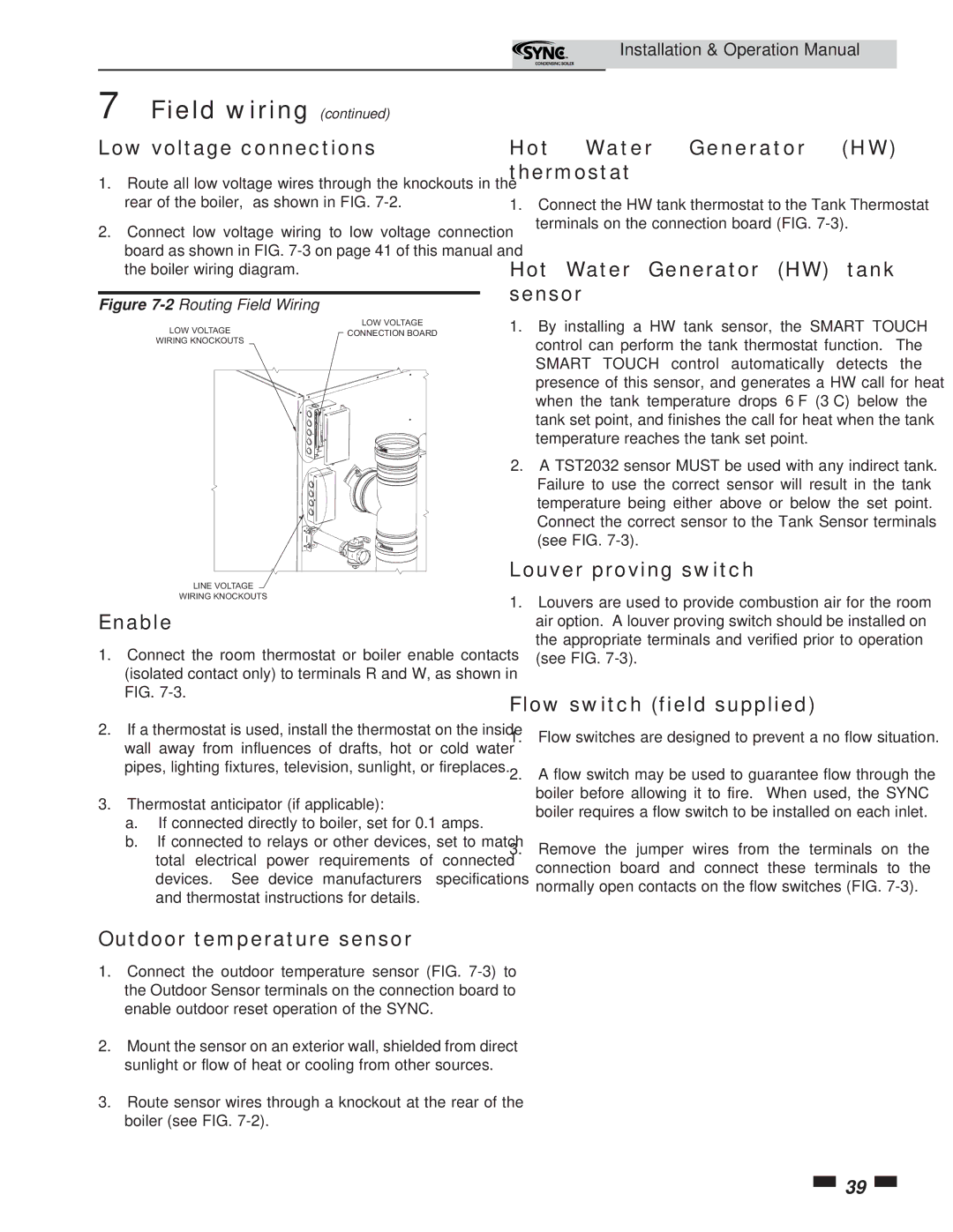 Lochinvar 5 operation manual Low voltage connections, Enable, Outdoor temperature sensor, Hot Water Generator HW thermostat 