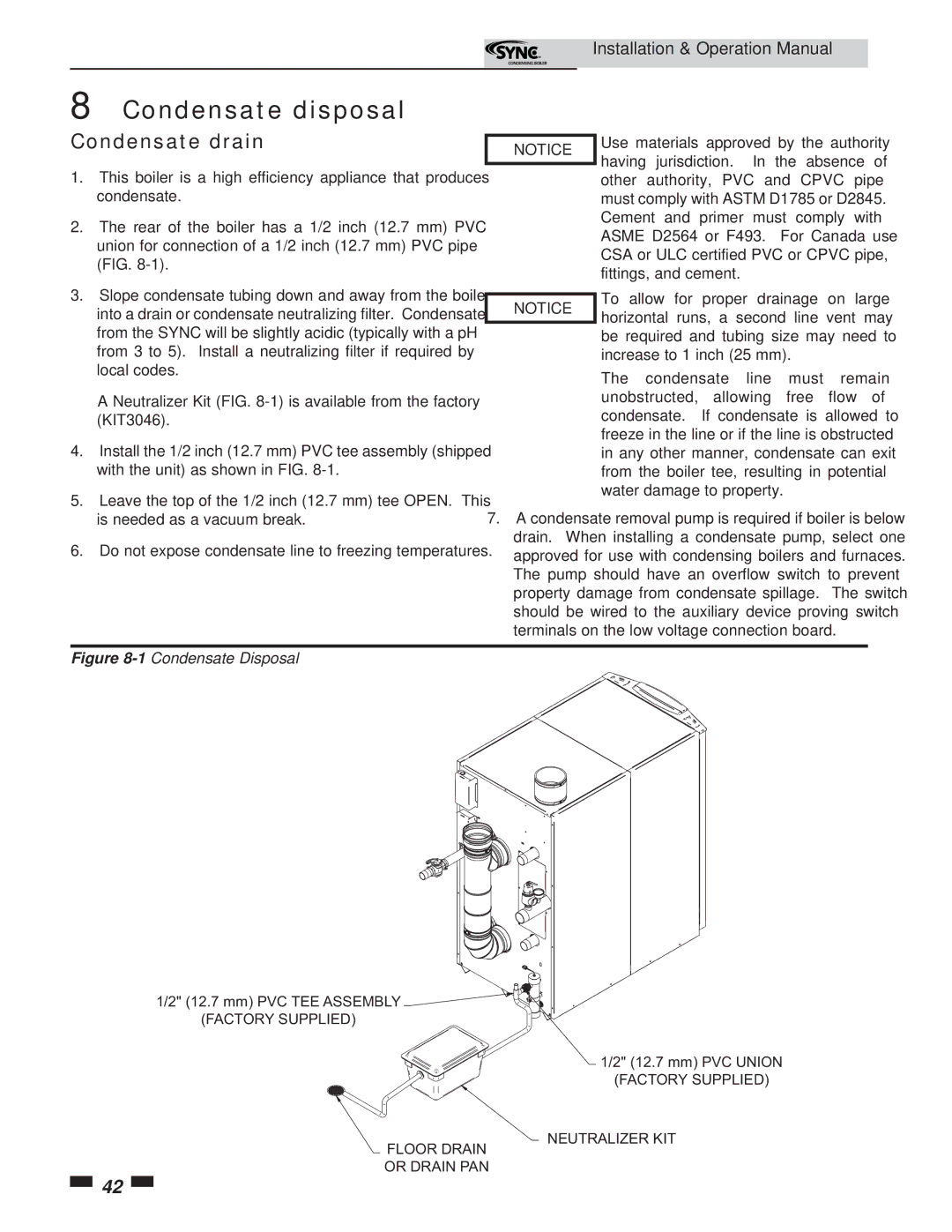 Lochinvar 5 operation manual Condensate disposal, Condensate drain 