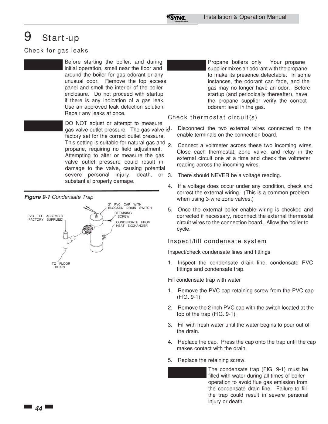 Lochinvar 5 operation manual Check for gas leaks, Check thermostat circuits, Inspect/fill condensate system 