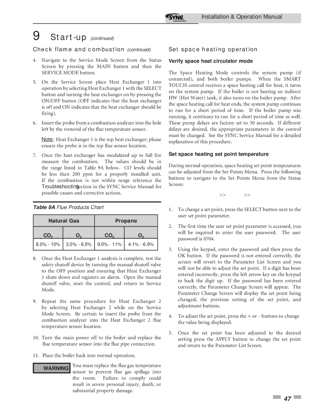 Lochinvar 5 operation manual Set space heating operation, Natural Gas Propane 