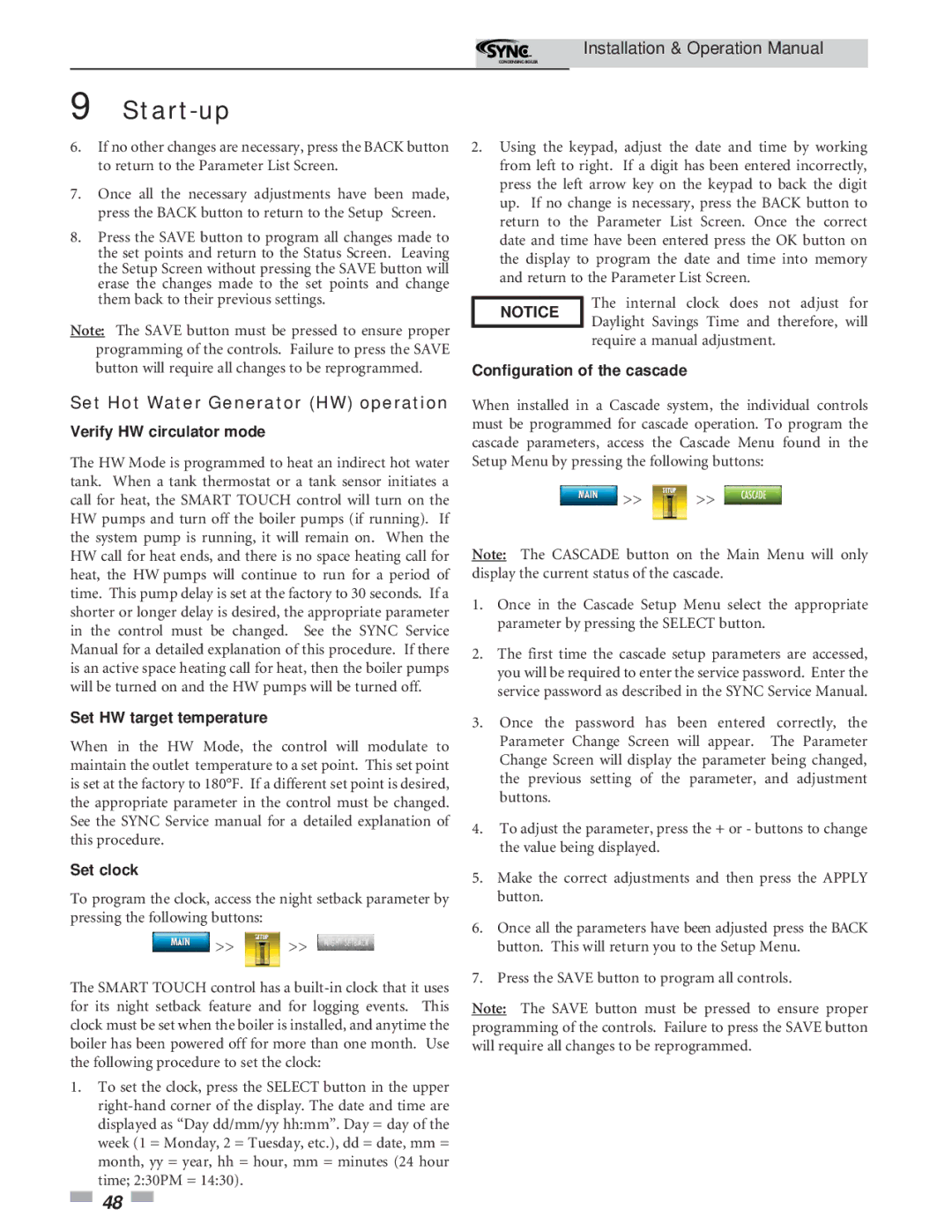 Lochinvar 5 operation manual Set Hot Water Generator HW operation, Configuration of the cascade 