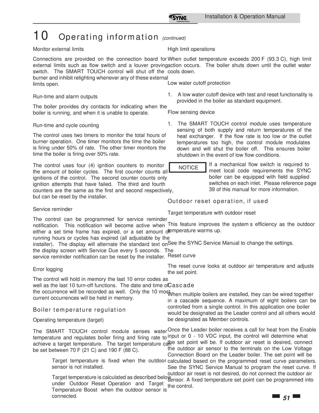 Lochinvar 5 operation manual Boiler temperature regulation, Outdoor reset operation, if used, Cascade 