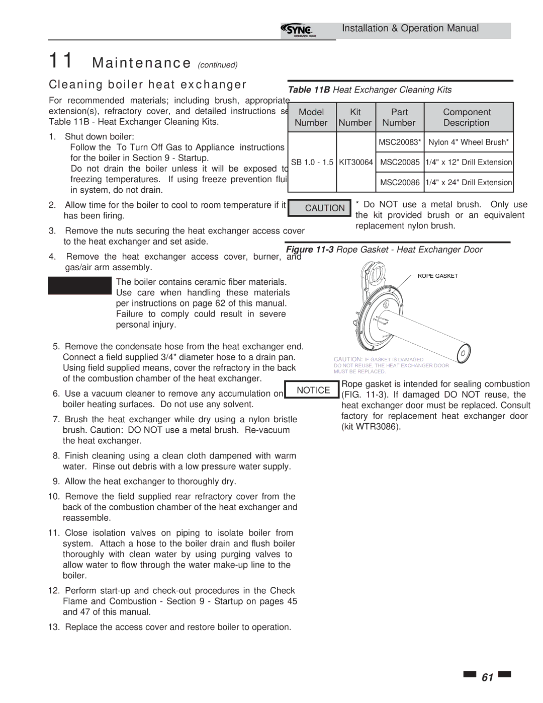 Lochinvar 5 operation manual Cleaning boiler heat exchanger, Model Kit Part Component Number Description 