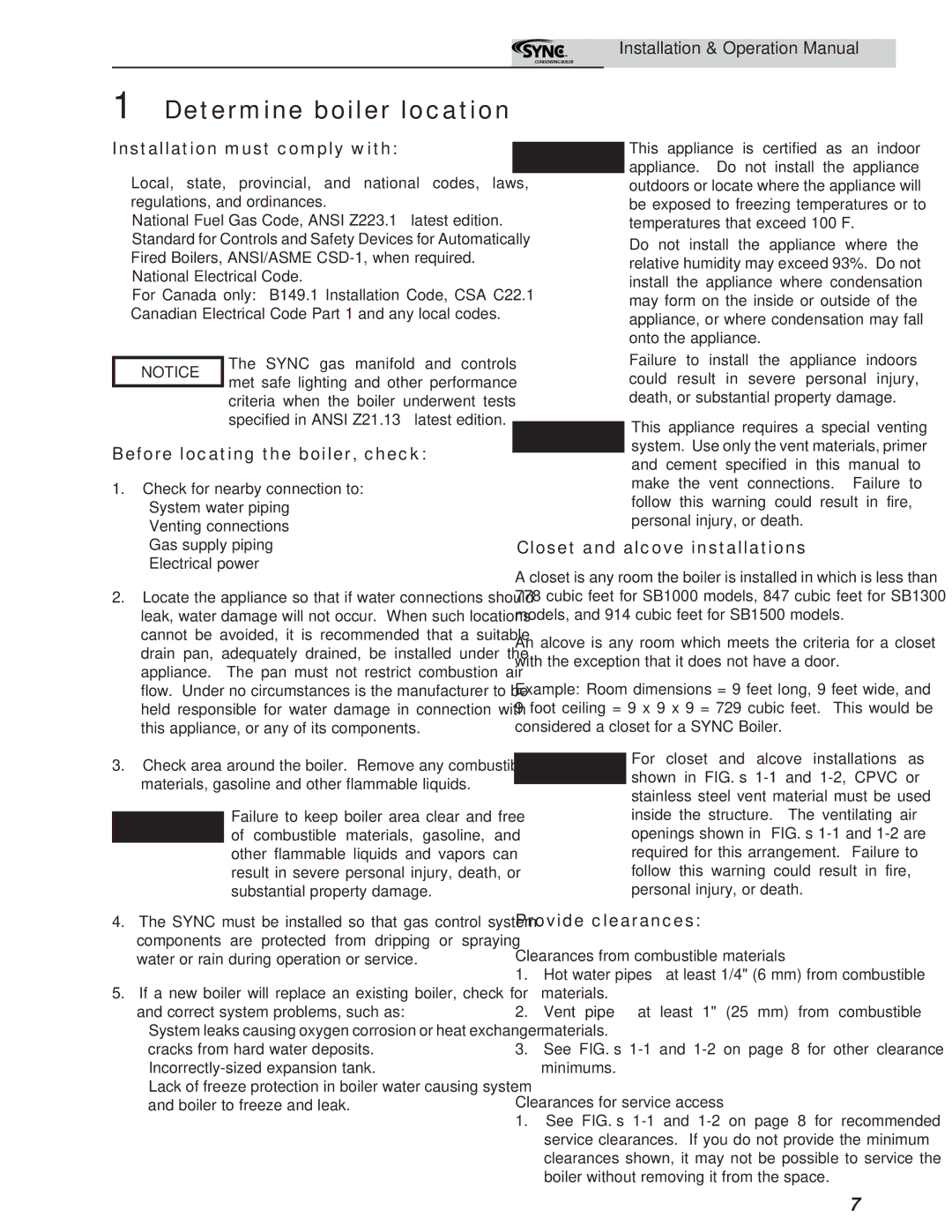 Lochinvar 5 operation manual Determine boiler location, Installation must comply with, Before locating the boiler, check 