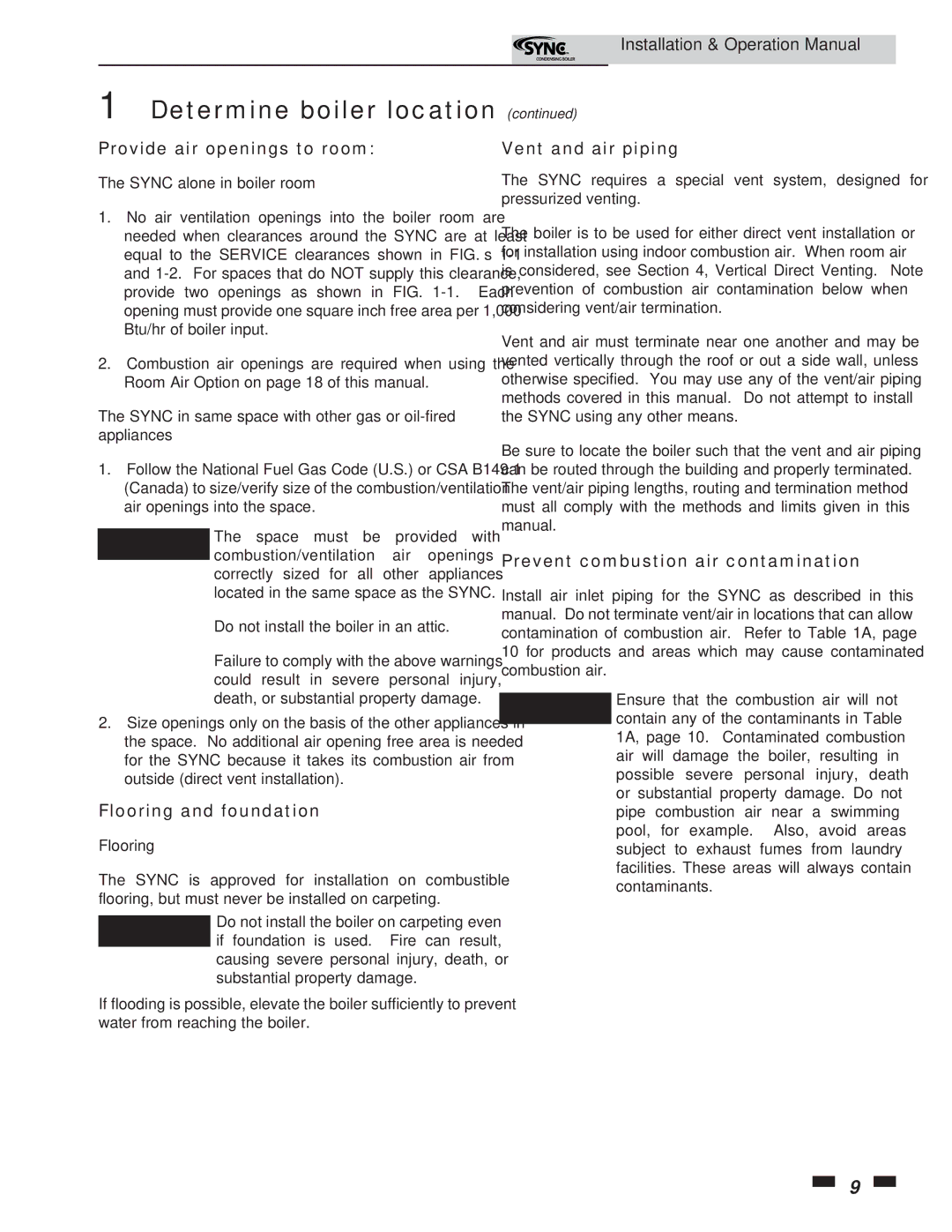 Lochinvar 5 operation manual Provide air openings to room, Prevent combustion air contamination, Flooring and foundation 