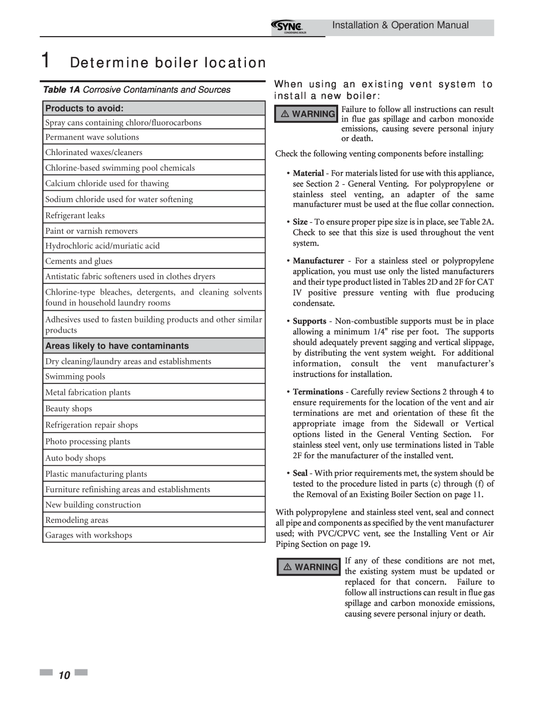 Lochinvar 5 operation manual A Corrosive Contaminants and Sources, Products to avoid, Areas likely to have contaminants 