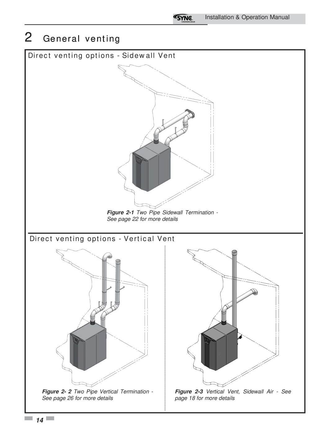 Lochinvar 5 General venting, Direct venting options - Sidewall Vent, Direct venting options - Vertical Vent 