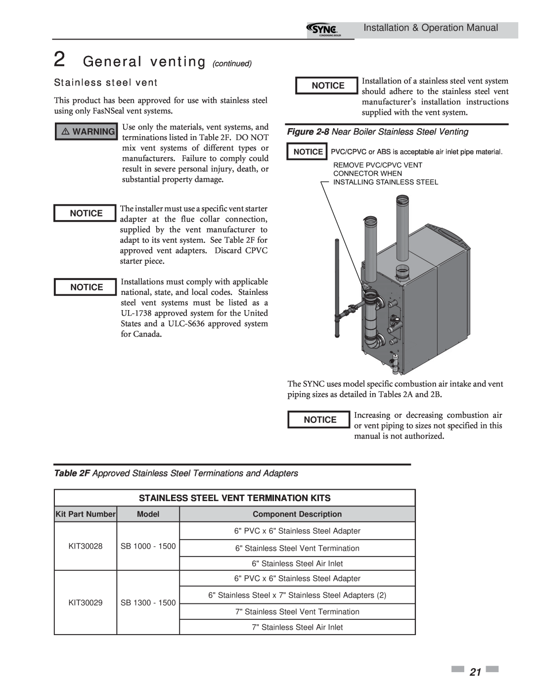 Lochinvar 5 Stainless steel vent, 8 Near Boiler Stainless Steel Venting, Stainless Steel Vent Termination Kits, Notice 
