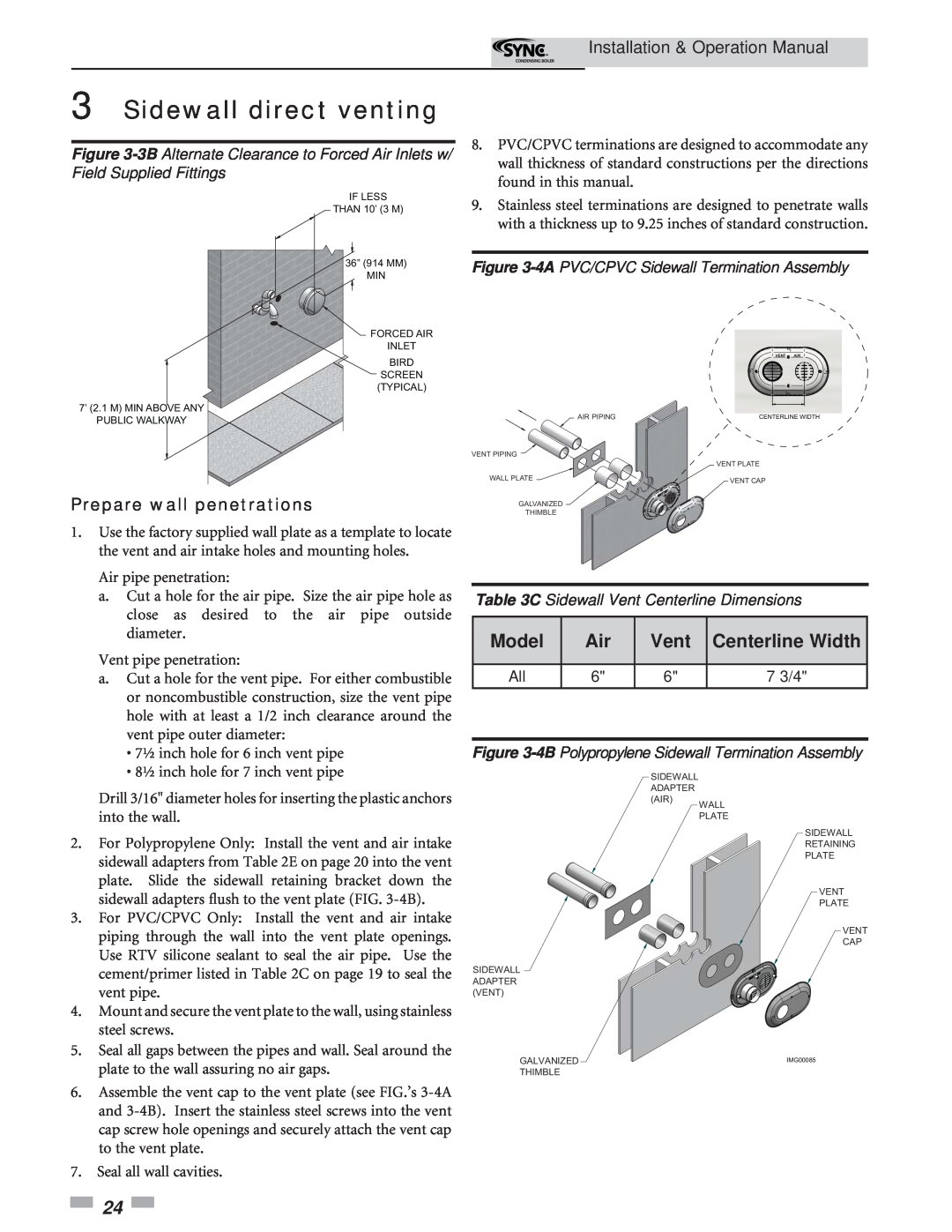Lochinvar 5 operation manual Centerline Width, Prepare wall penetrations, C Sidewall Vent Centerline Dimensions, Model 