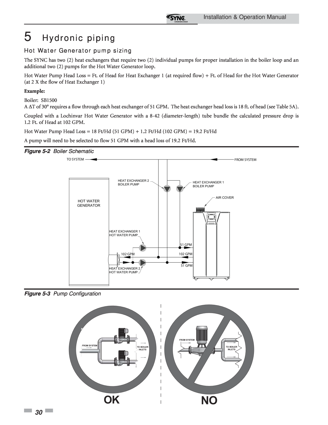 Lochinvar 5 Hot Water Generator pump sizing, 2 Boiler Schematic, 3 Pump Configuration, Okno, Hydronic piping 