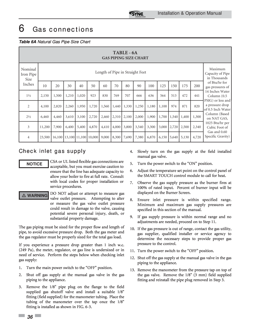 Lochinvar 5 Check inlet gas supply, A Natural Gas Pipe Size Chart, Gas connections, Installation & Operation Manual 