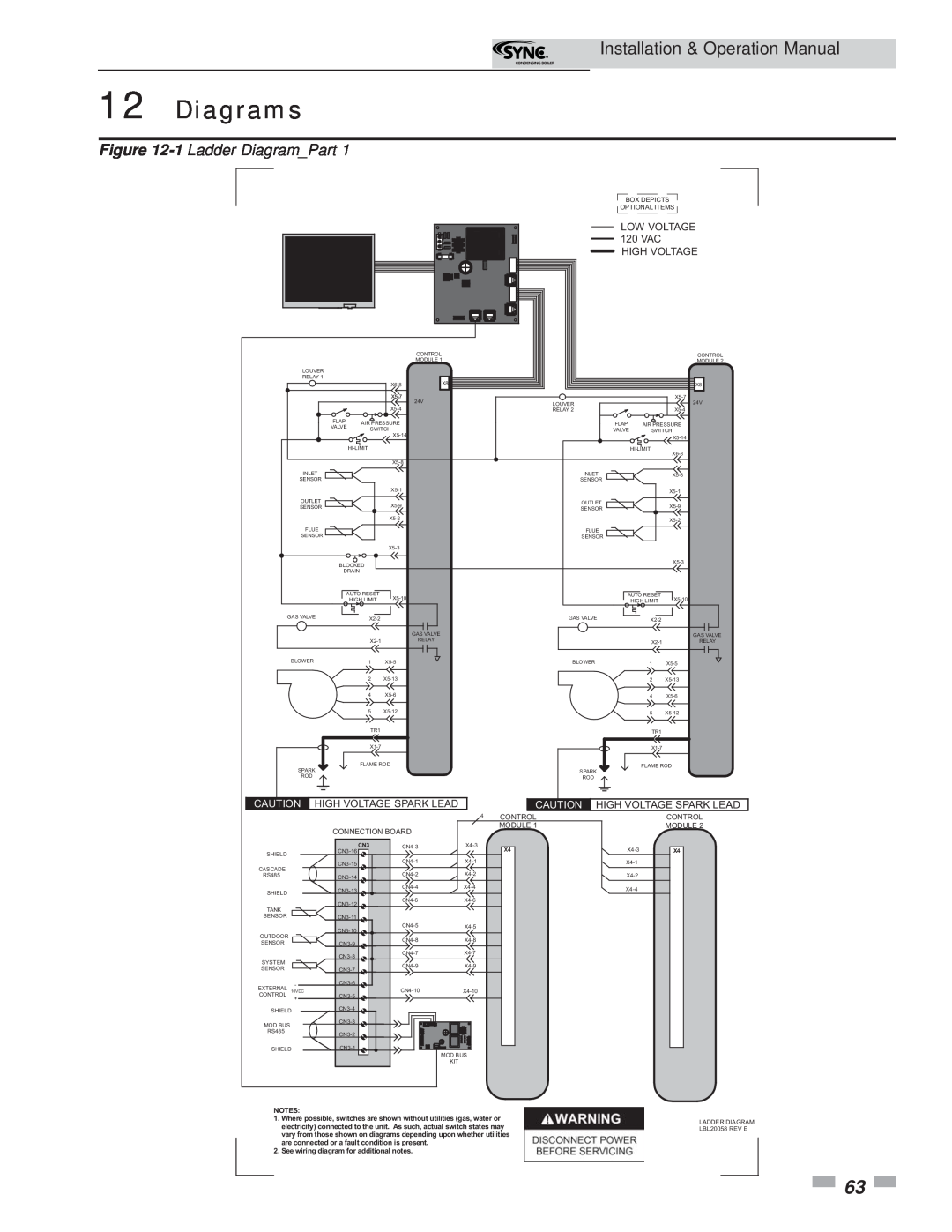 Lochinvar 5 Diagrams, 1 Ladder Diagram_Part, Installation & Operation Manual, LOW VOLTAGE 120 VAC HIGH VOLTAGE, Notes 