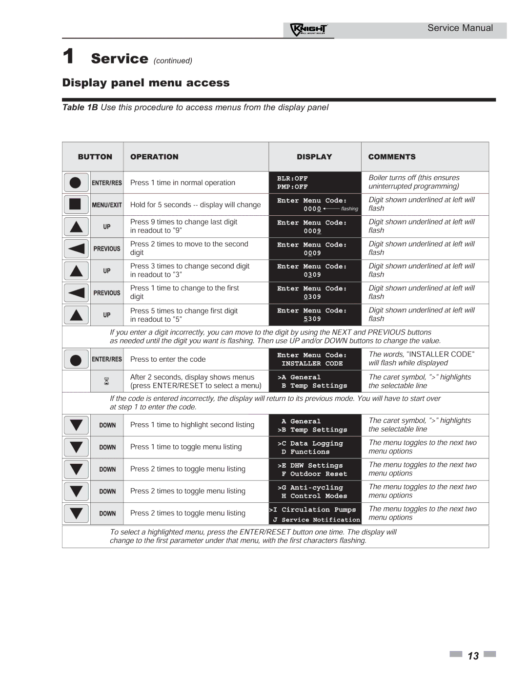 Lochinvar 50-210 service manual Display panel menu access 