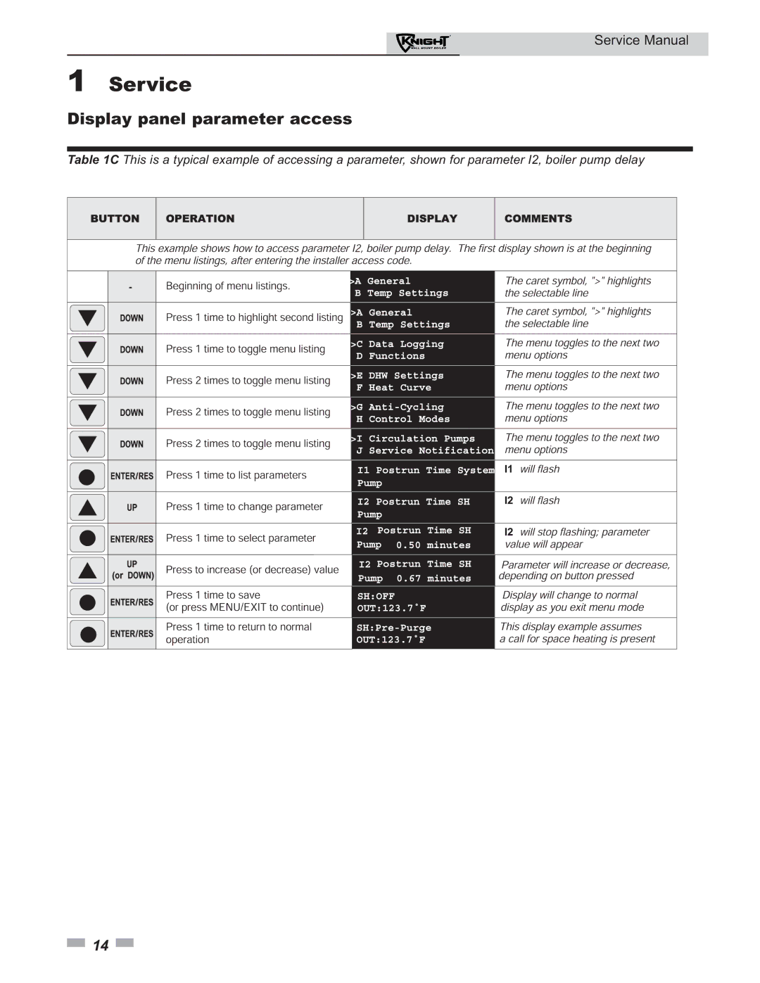 Lochinvar 50-210 service manual Display panel parameter access 