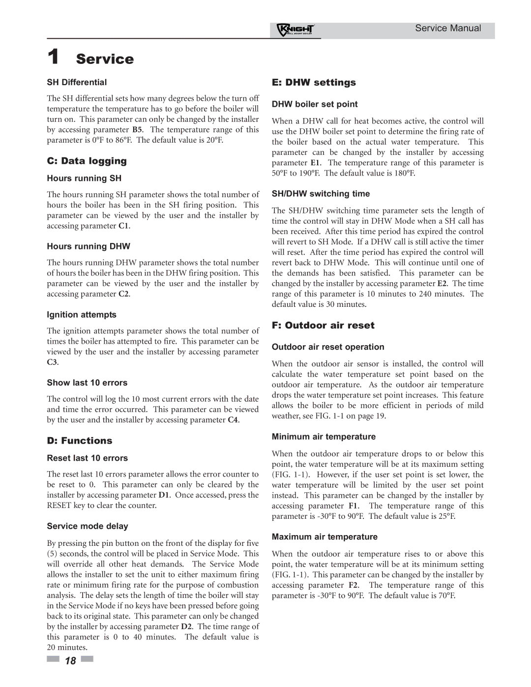 Lochinvar 50-210 service manual Data logging, Functions, DHW settings, Outdoor air reset 