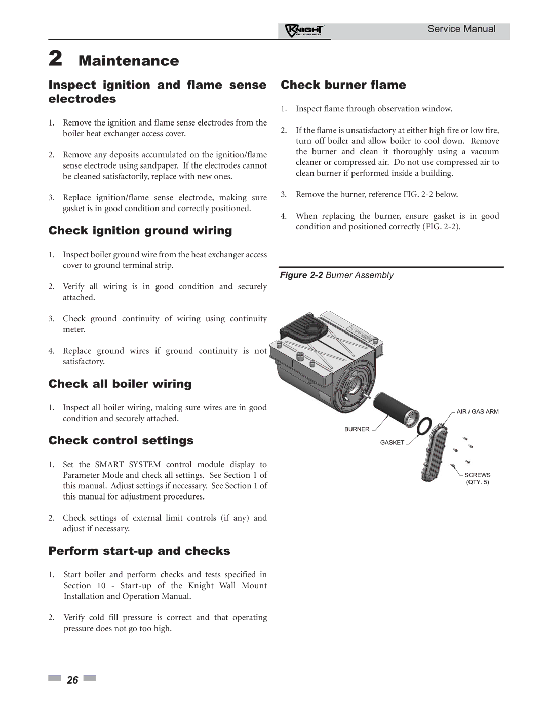 Lochinvar 50-210 Inspect ignition and flame sense electrodes, Check ignition ground wiring, Check all boiler wiring 