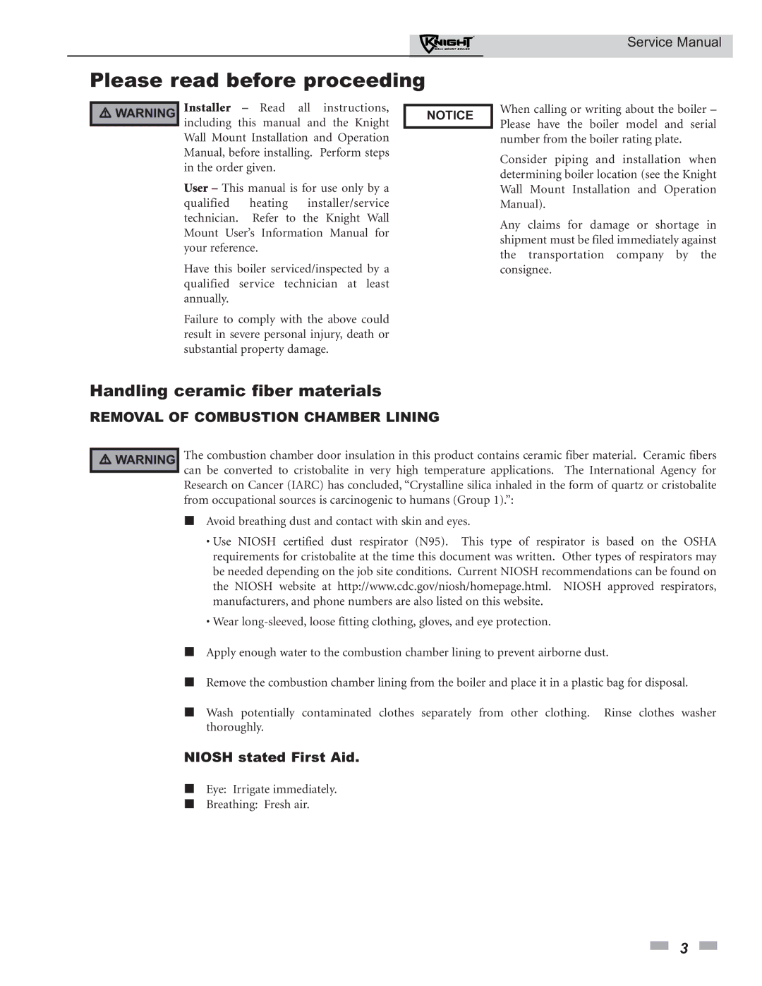 Lochinvar 50-210 service manual Please read before proceeding, Handling ceramic fiber materials, Niosh stated First Aid 