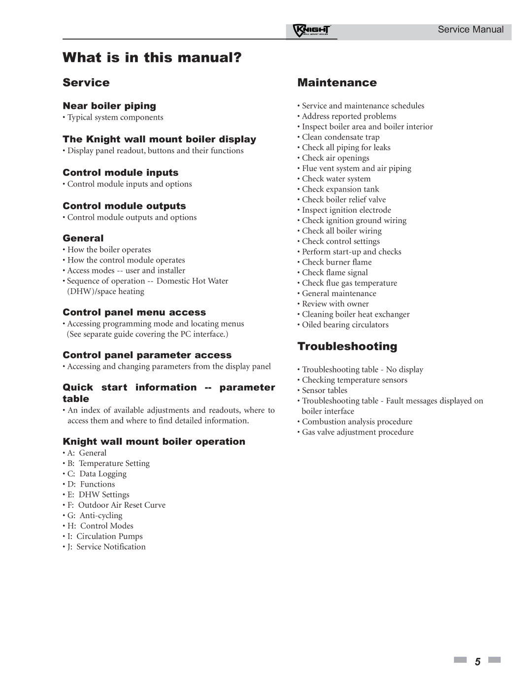 Lochinvar 50-210 service manual What is in this manual?, Service, Maintenance, Troubleshooting 