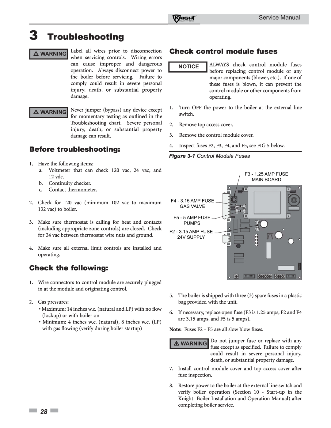 Lochinvar 50-210 Troubleshooting, Check control module fuses, Before troubleshooting, Check the following, Service Manual 