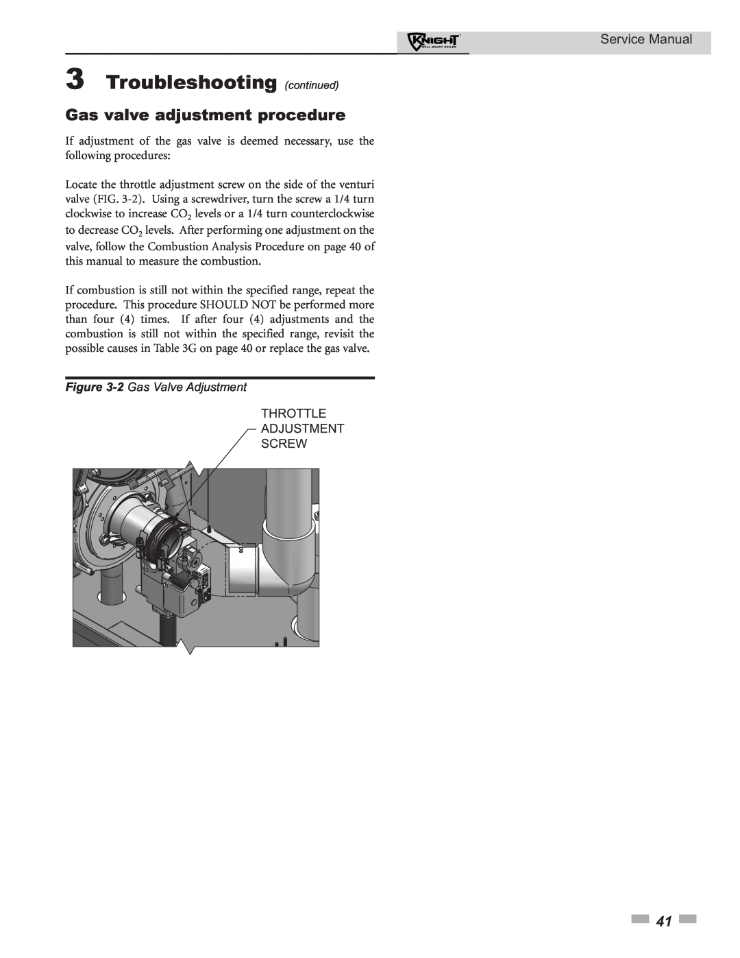 Lochinvar 50-210 Gas valve adjustment procedure, Troubleshooting continued, Service Manual, 2 Gas Valve Adjustment 