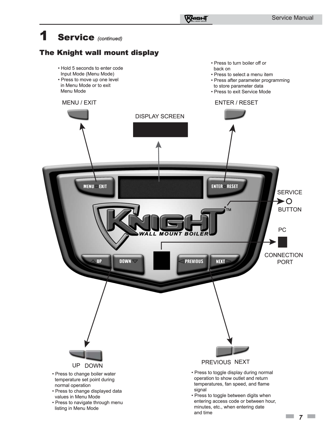 Lochinvar 50-210 service manual The Knight wall mount display, Service Manual, Service continued 