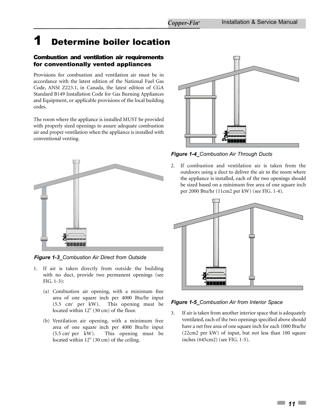 Lochinvar 90, 500 service manual Determine boiler location, 3Combustion Air Direct from Outside 