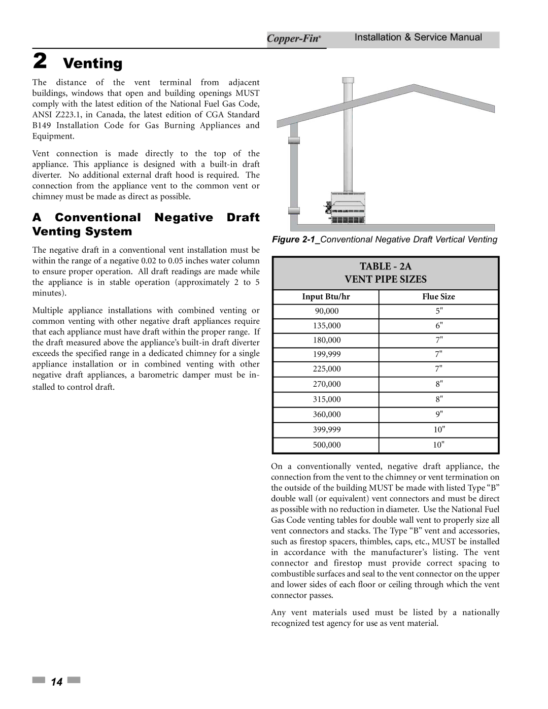 Lochinvar 500, 90 service manual Conventional Negative Draft Venting System, Vent Pipe Sizes 