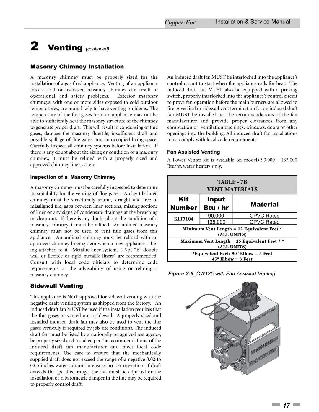 Lochinvar 90, 500 service manual Vent Materials, Masonry Chimney Installation, Sidewall Venting, Number 