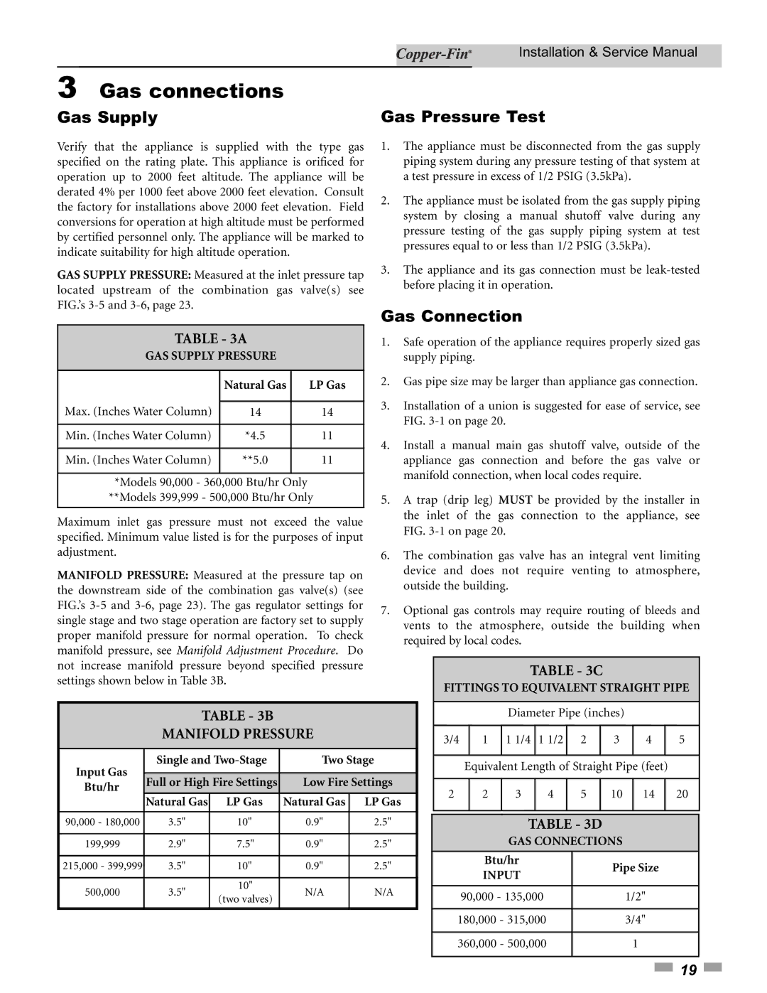 Lochinvar 90, 500 service manual Gas connections, Gas Supply Gas Pressure Test, Gas Connection, Manifold Pressure 