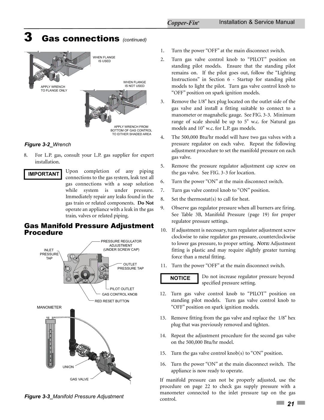 Lochinvar 90, 500 Gas Manifold Pressure Adjustment Procedure, Clockwise to raise regulator gas pressure, counterclockwise 