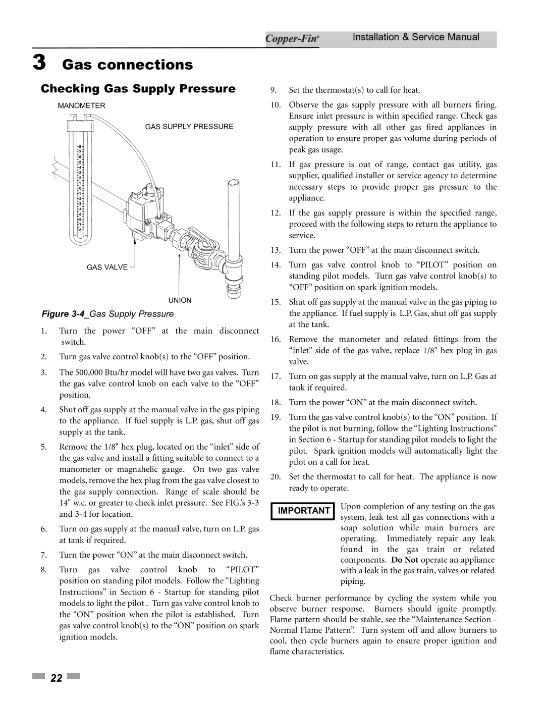 Lochinvar 500, 90 service manual Checking Gas Supply Pressure, 4Gas Supply Pressure 