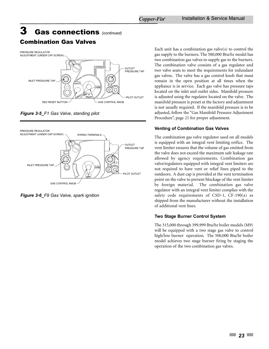 Lochinvar 90, 500 service manual Venting of Combination Gas Valves, Two Stage Burner Control System 