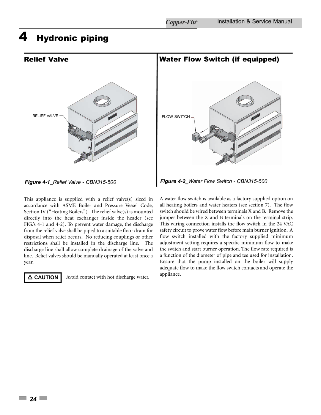 Lochinvar 500, 90 service manual Hydronic piping, Relief Valve, Water Flow Switch if equipped 