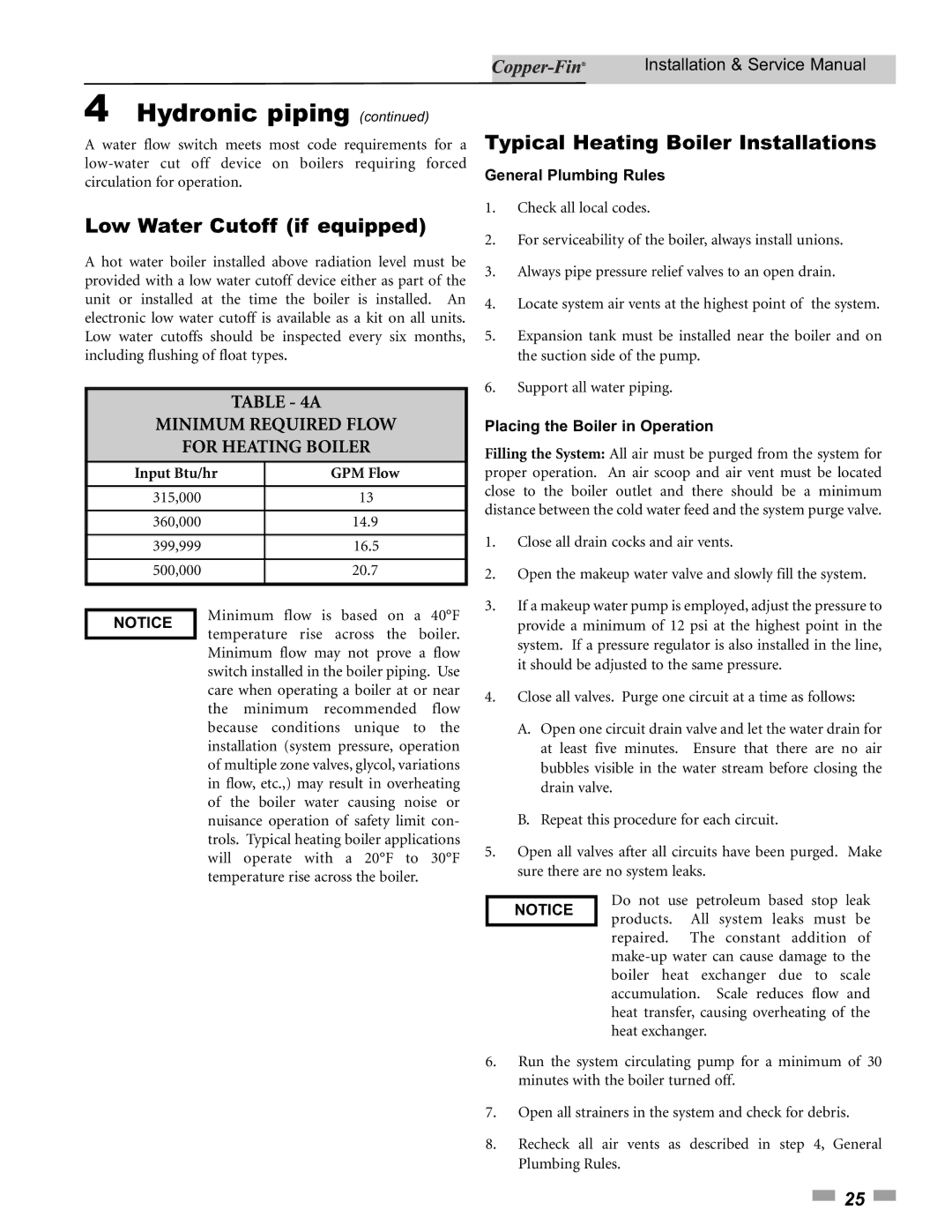 Lochinvar 90 Low Water Cutoff if equipped, Typical Heating Boiler Installations, Minimum Required Flow For Heating Boiler 