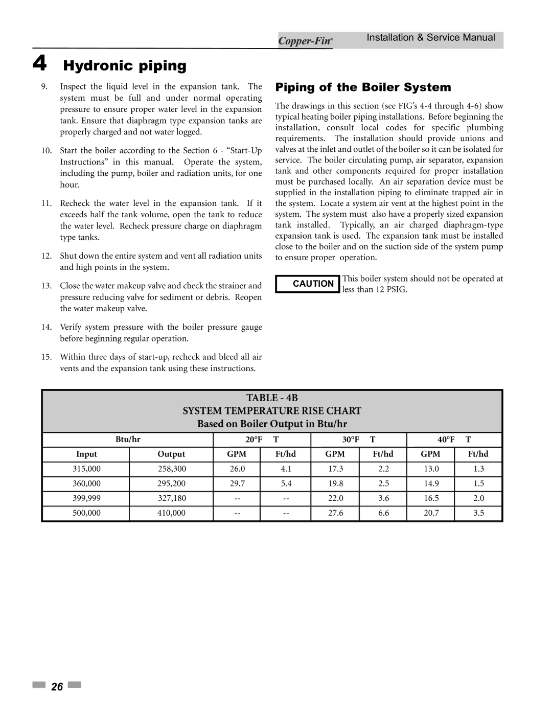 Lochinvar 500, 90 service manual Piping of the Boiler System, System Temperature Rise Chart 