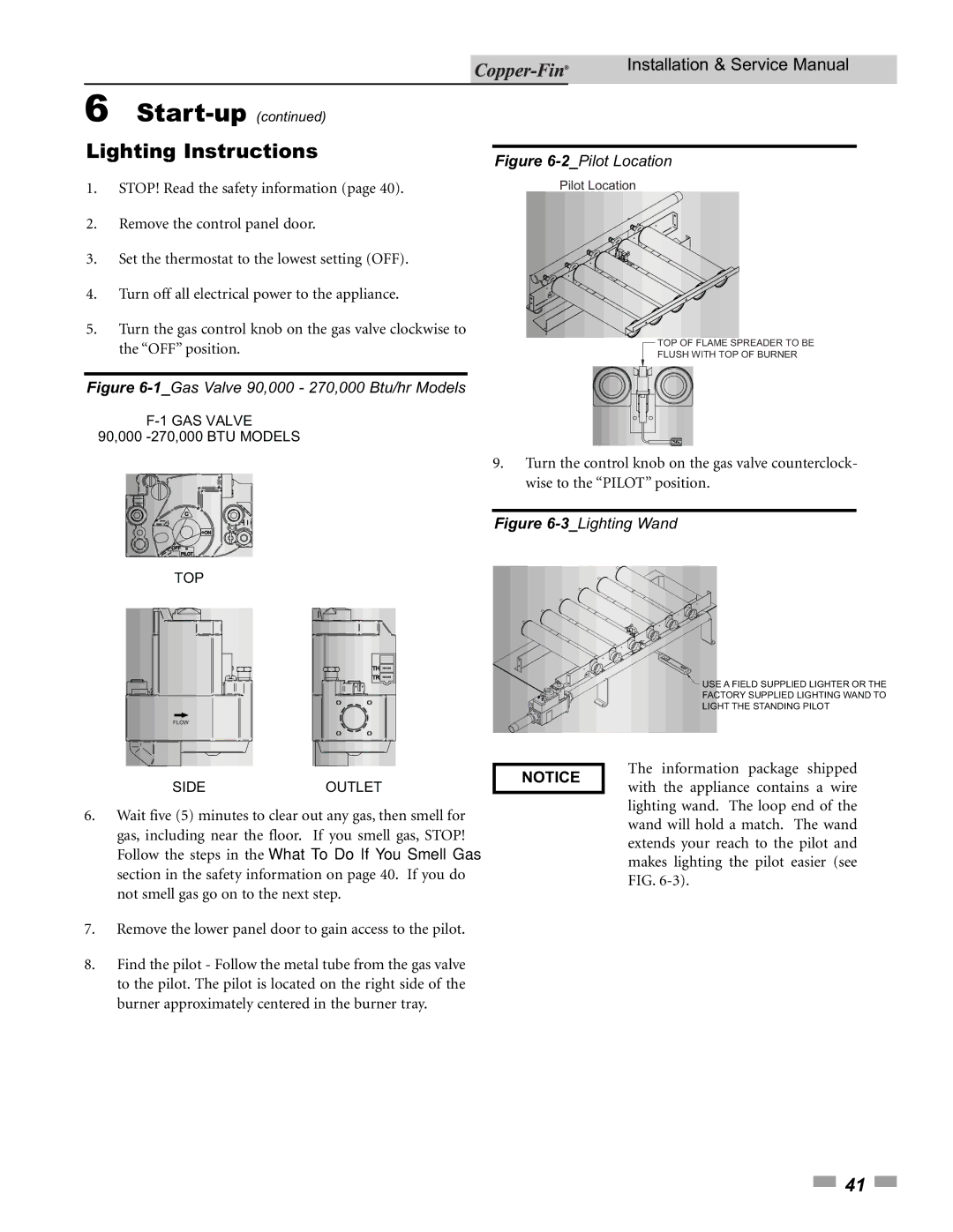 Lochinvar 500 service manual Lighting Instructions, 1Gas Valve 90,000 270,000 Btu/hr Models 