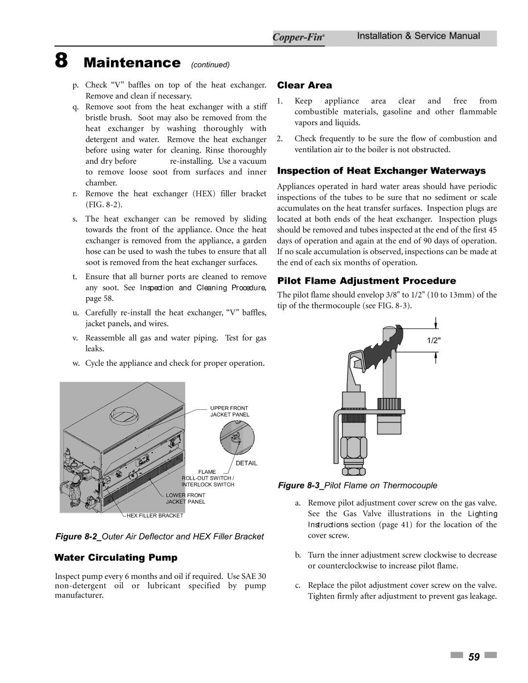 Lochinvar 90 Clear Area, Inspection of Heat Exchanger Waterways, Pilot Flame Adjustment Procedure, Water Circulating Pump 