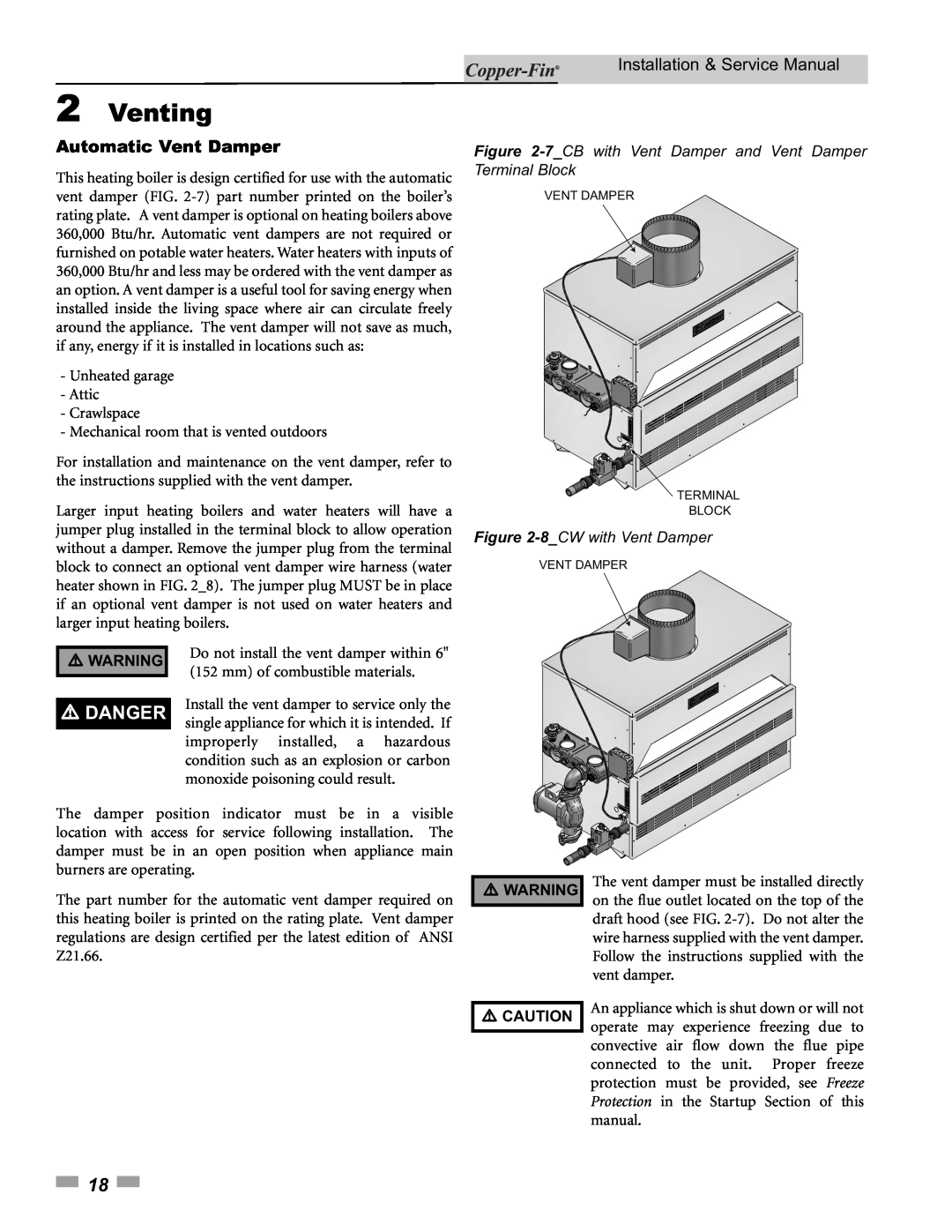 Lochinvar 500, 90 Automatic Vent Damper, 2Venting, Danger, Installation & Service Manual, 8_CWwith Vent Damper 