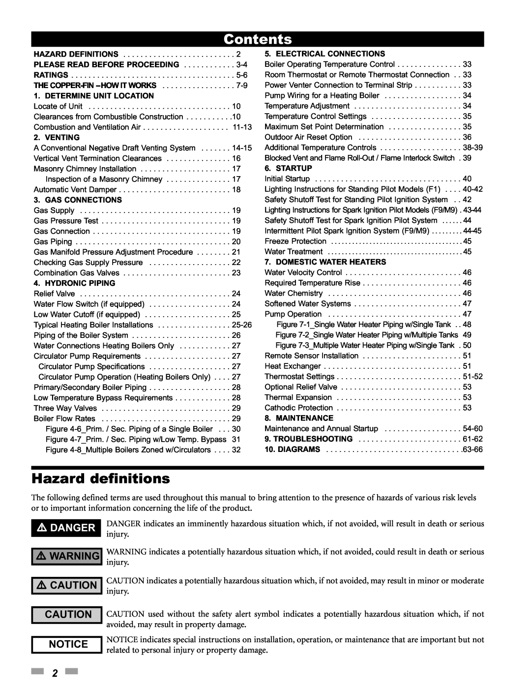 Lochinvar 500, 90 service manual Hazard definitions, Danger, Notice, Contents 
