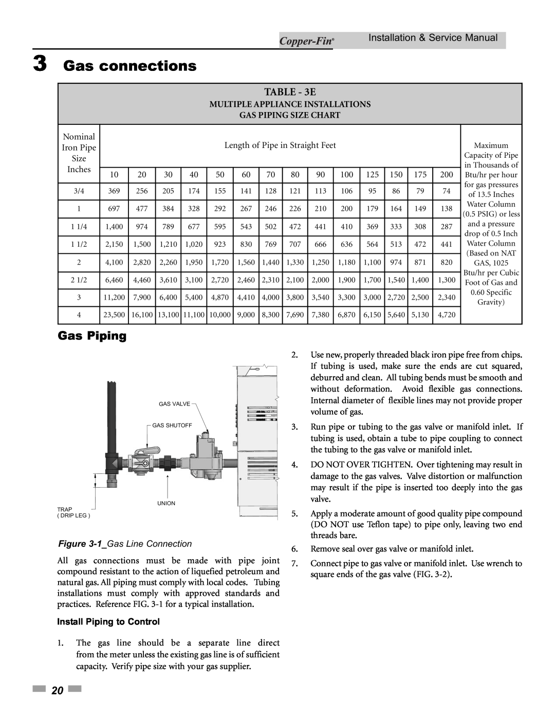 Lochinvar 500, 90 service manual Gas Piping, E, 3Gas connections, Installation & Service Manual, 1_GasLine Connection 